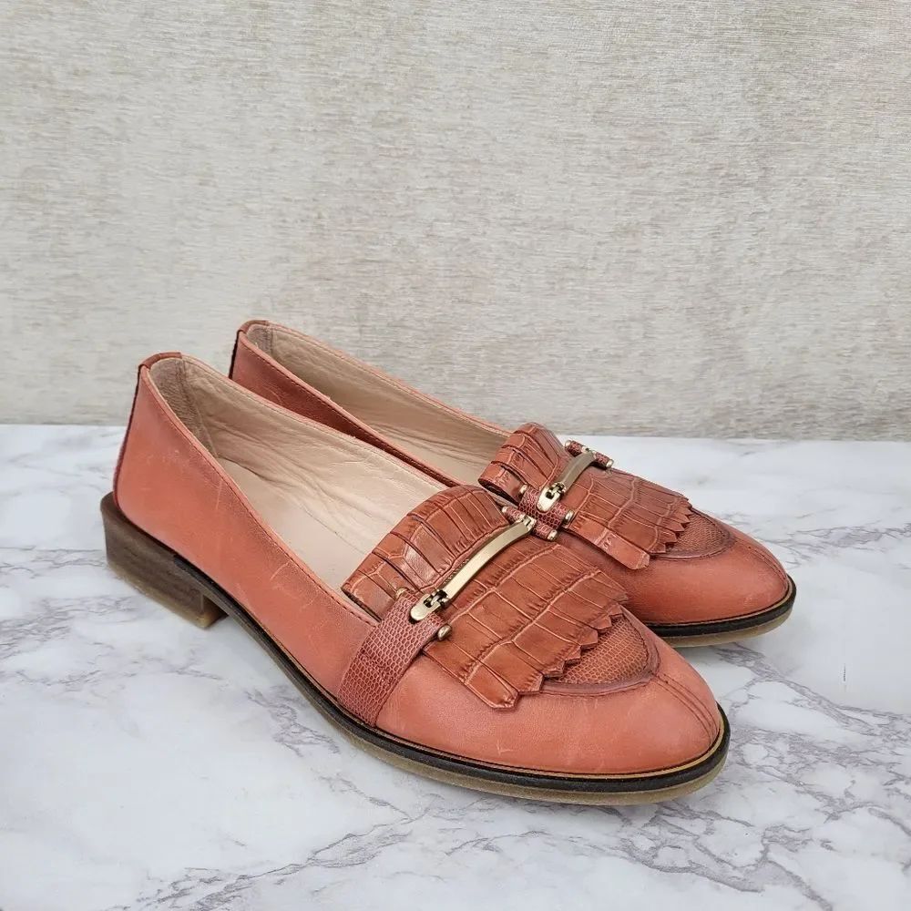 Hispanitas Leather Loafers Croc Embossed Kiltie Fringe in Terracotta